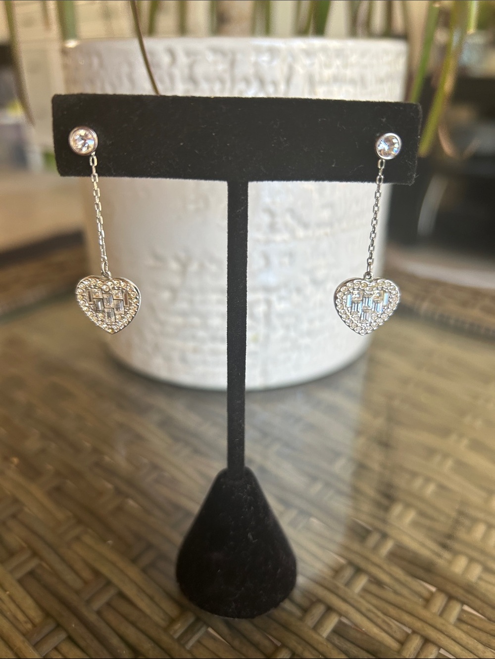 Swarovski Silver Heart Chain Drop Earrings with Clear Crystals